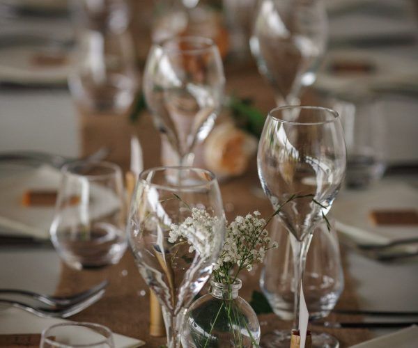 Outdoor catering dinner at the wedding with homemade garnishes decoration